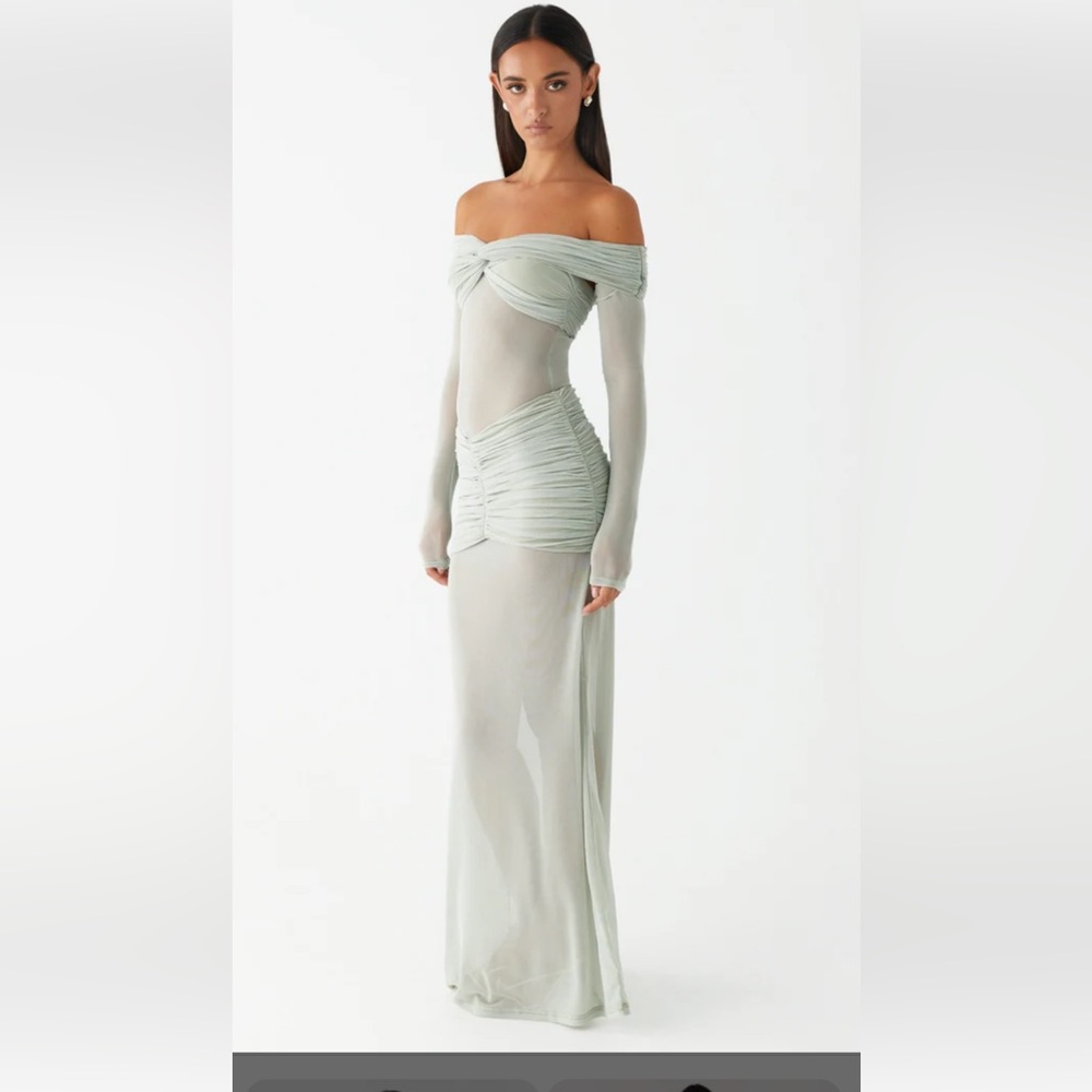 Peppermayo Off-Shoulder Long Sleeve Dress in Sage